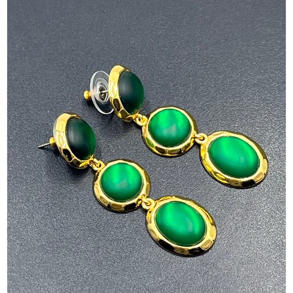 J. Crew Triple-Drop Tiered Matte-Green Glass Rhinestone Gold Tone Earrings - Picture 5 of 9